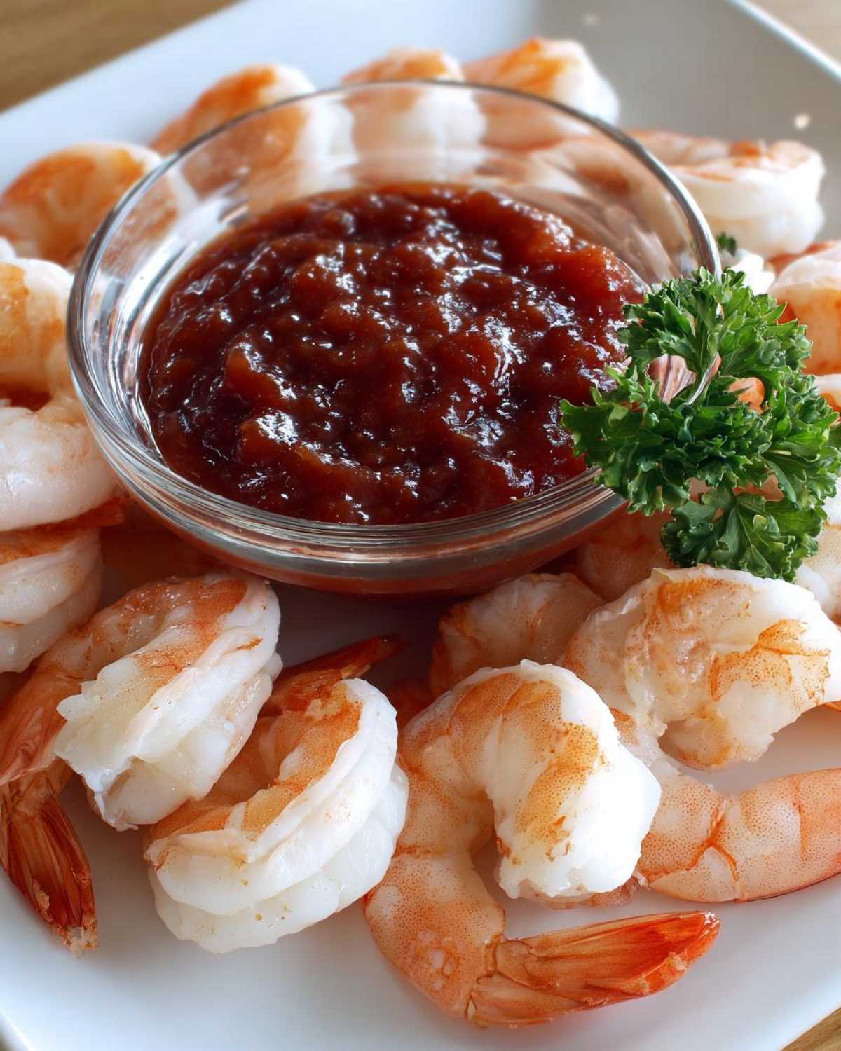 Close-up of a platter featuring chilled, peeled shrimp surrounding a small glass bowl of dark red cocktail sauce for shrimp cocktail.