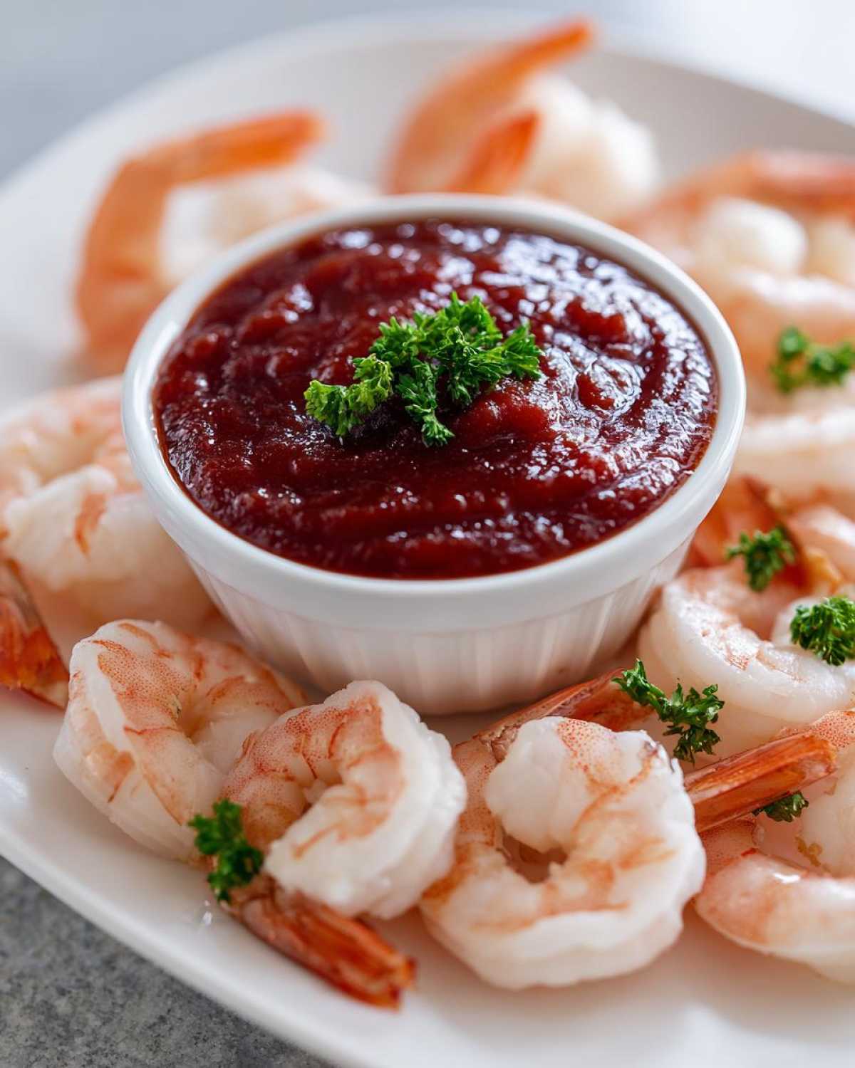 Close-up of a white platter featuring perfectly cooked shrimp surrounding a small white bowl of rich red shrimp cocktail sauce.