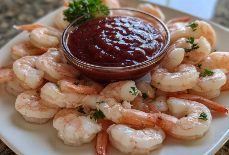 A beautifully arranged platter of chilled, cooked shrimp surrounding a small glass bowl of rich red cocktail sauce, garnished with parsley, ready for a shrimp cocktail.