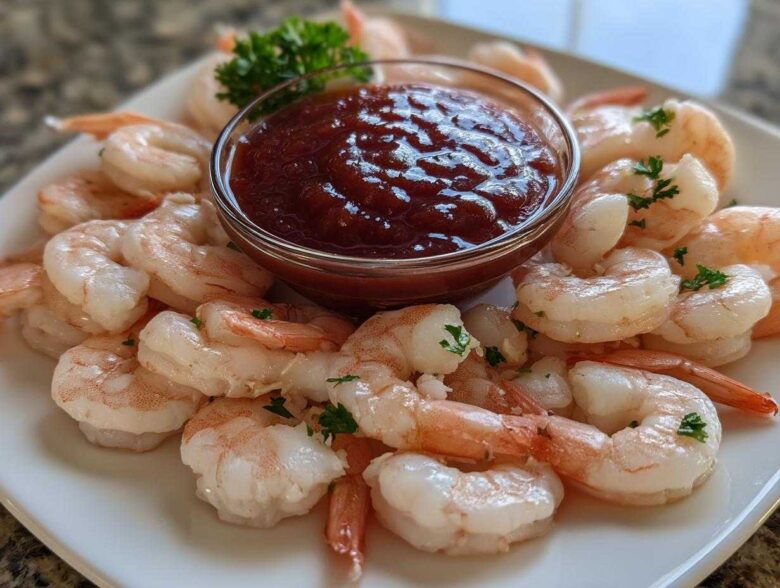 A beautifully arranged platter of chilled, cooked shrimp surrounding a small glass bowl of rich red cocktail sauce, garnished with parsley, ready for a shrimp cocktail.