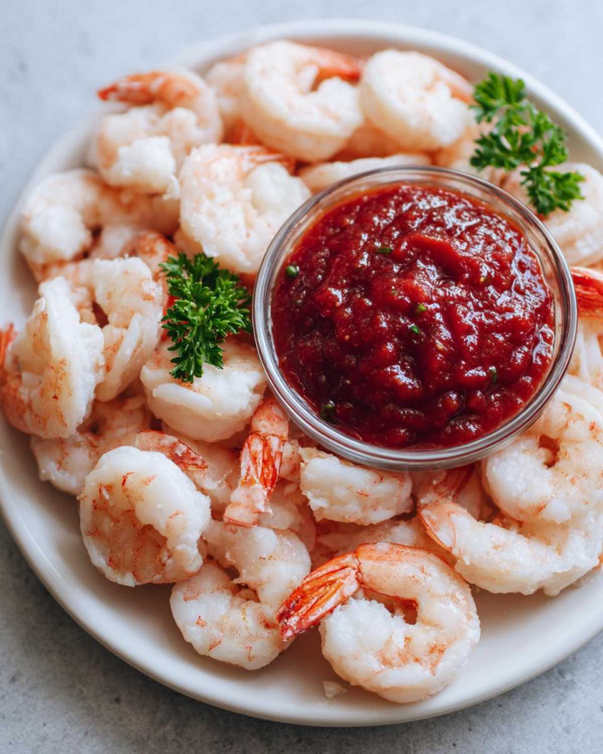 A platter of chilled, cooked shrimp arranged around a small bowl of vibrant red shrimp cocktail sauce.