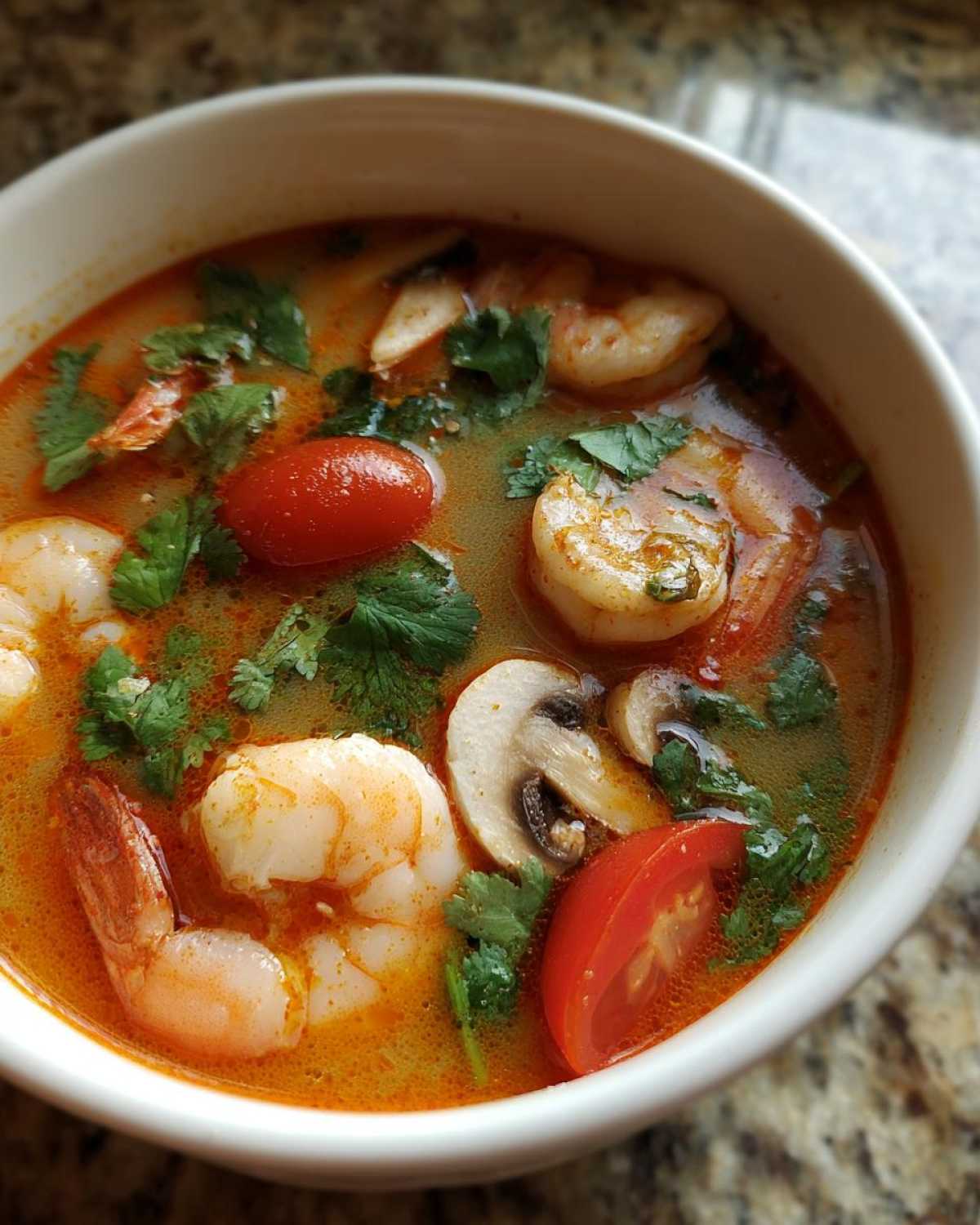Close-up of a white bowl filled with vibrant, orange-red tom yum soup featuring large shrimp, sliced mushrooms, cherry tomatoes, and fresh cilantro.