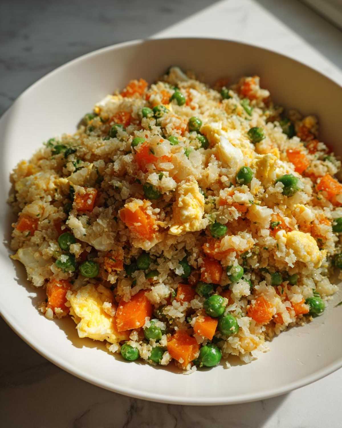A close-up of vibrant cauliflower rice mixed with scrambled egg, bright green peas, and diced carrots.