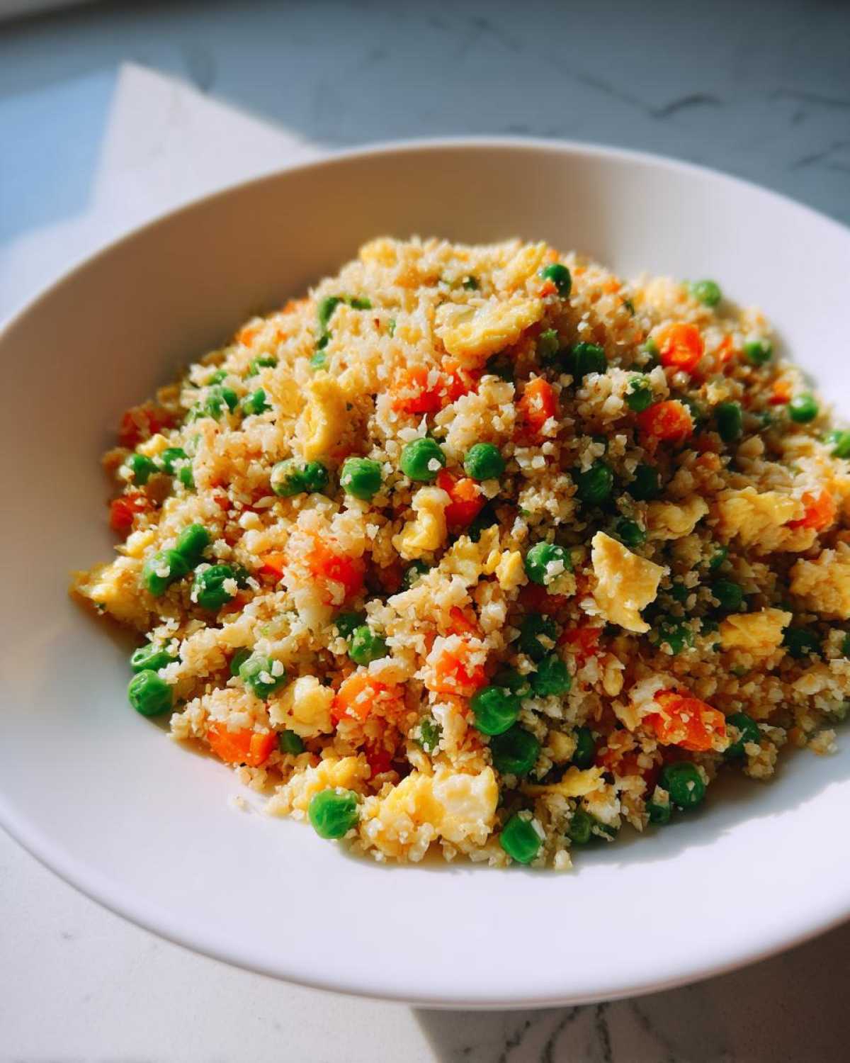 A white bowl filled with bright cauliflower rice mixed with scrambled egg, green peas, and diced carrots.