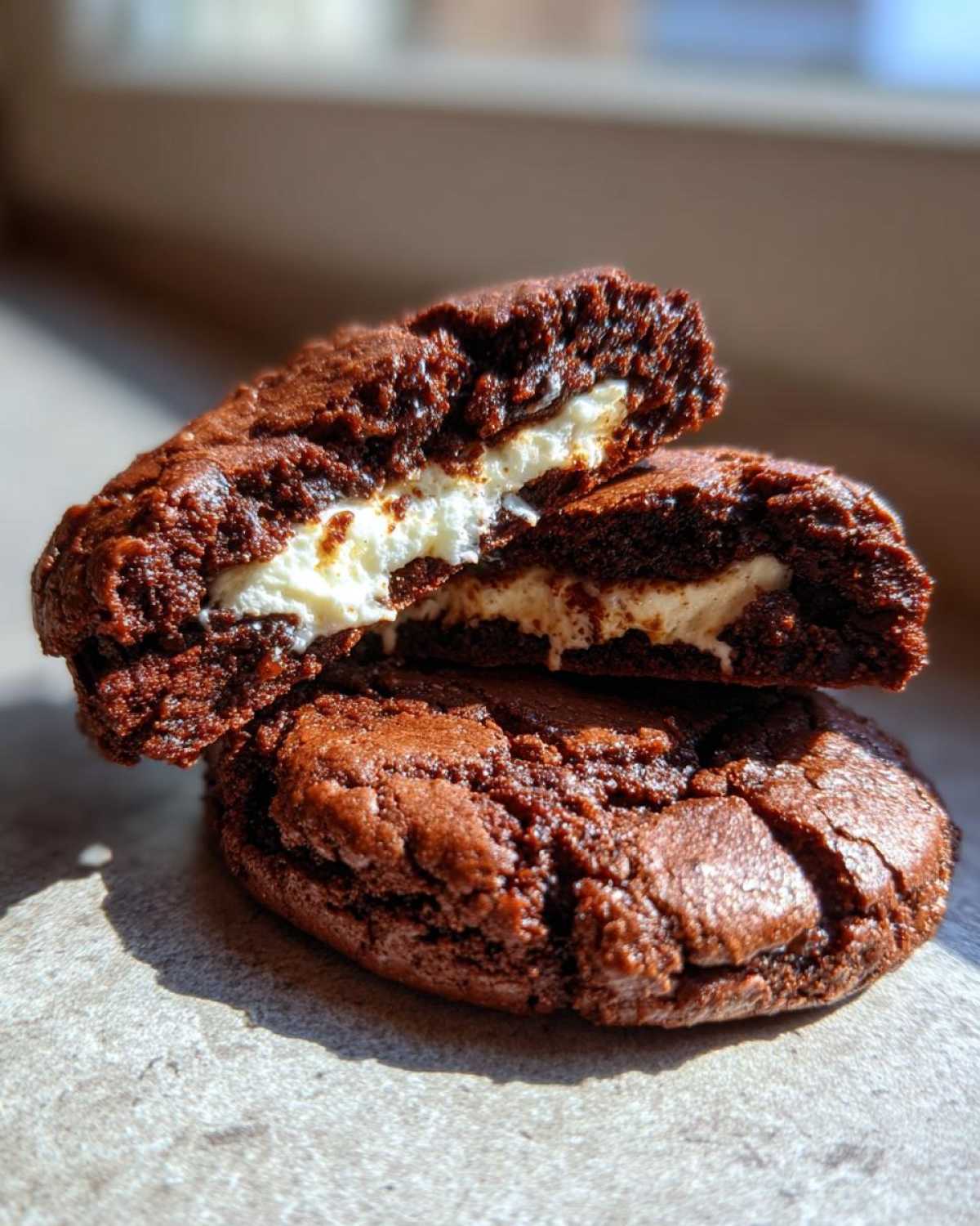 A rich, dark chocolate hot chocolate cookie cut in half, revealing a gooey white cream filling inside.