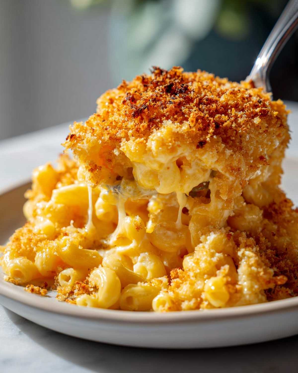 A serving of creamy baked mac and cheese recipe being lifted with a fork, showing cheese pull and crunchy breadcrumbs.