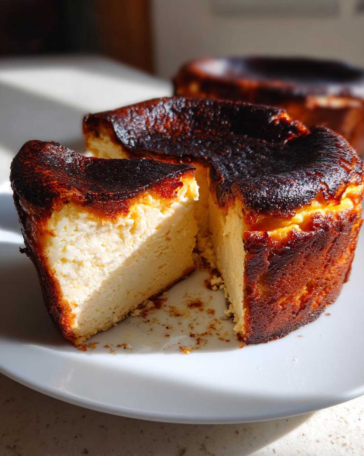 A slice cut from a creamy, burnt-top basque cheesecake resting on a white plate.