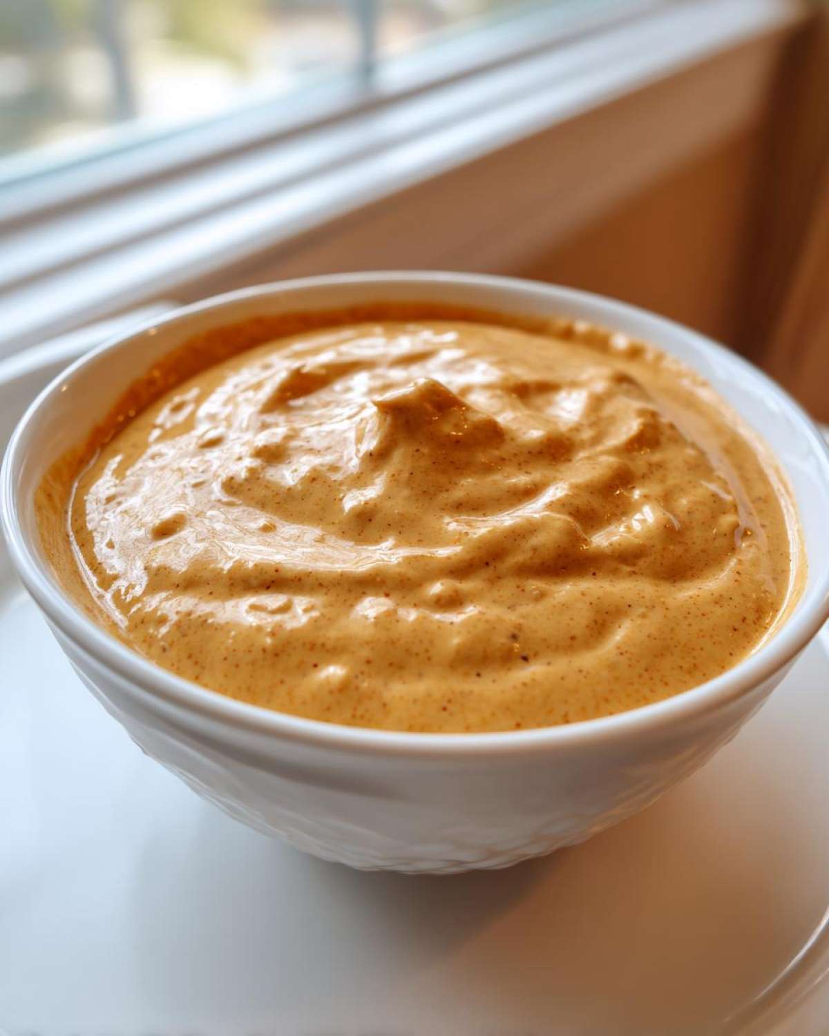 Close-up of thick, creamy, orange-colored beer cheese dip swirled in a white bowl.