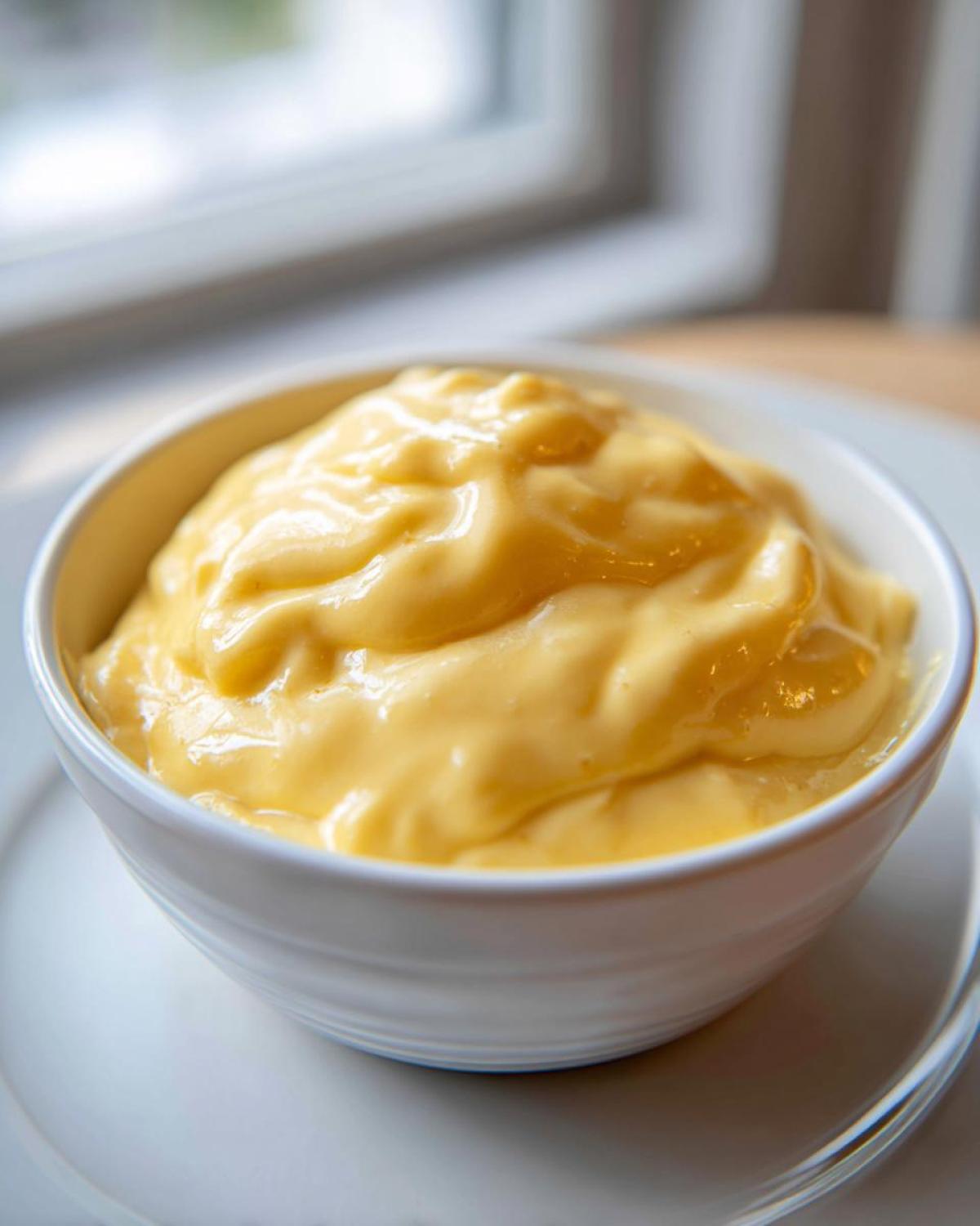 Close-up of a small white bowl filled with thick, smooth, bright yellow beer cheese dip.