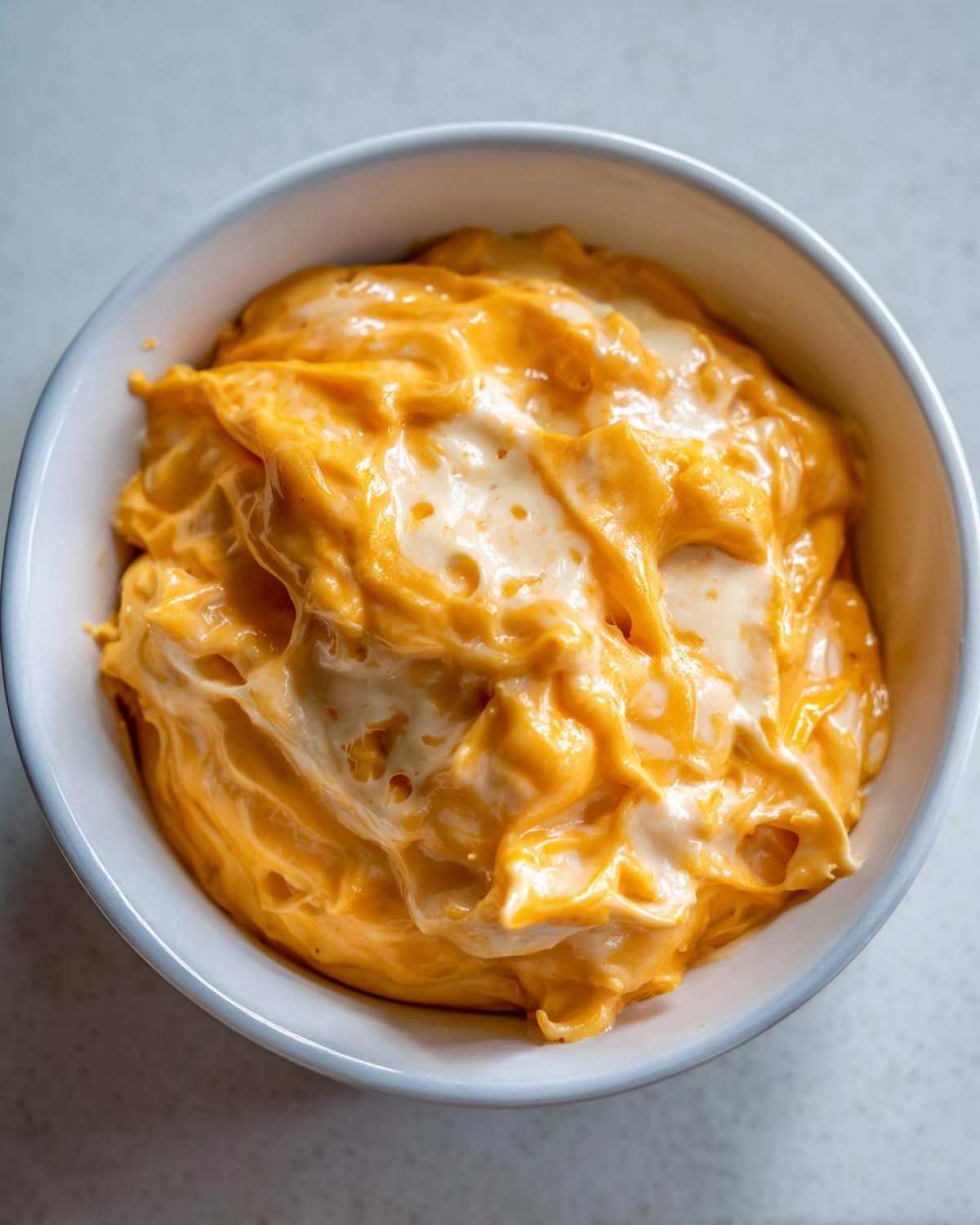 Close-up overhead shot of thick, creamy, bright orange beer cheese dip swirled in a small white bowl.