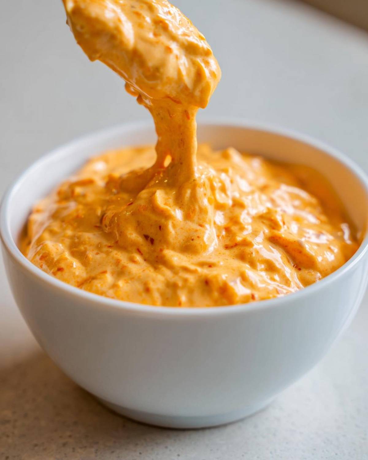 A spoonful of thick, orange, creamy beer cheese dip being lifted from a white bowl.