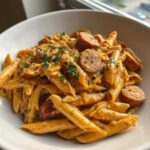 A close-up of creamy Cajun sausage pasta featuring penne noodles coated in a rich, orange sauce with slices of browned sausage and fresh parsley.