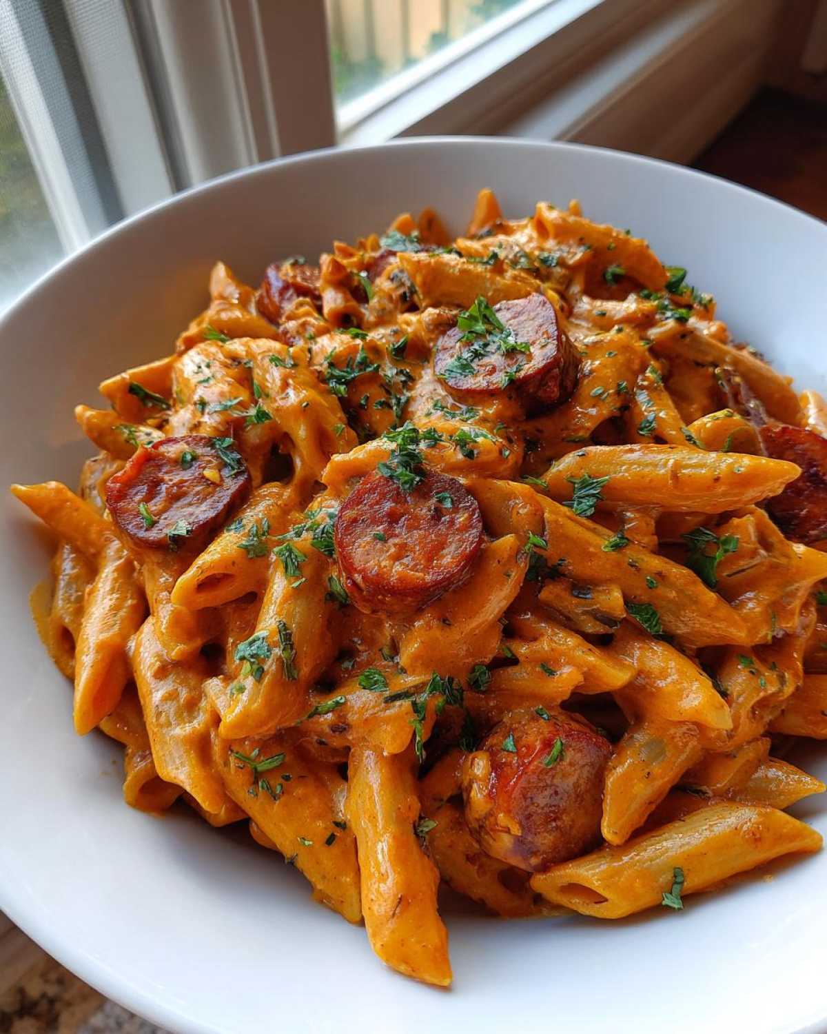 Close-up of creamy Cajun sausage pasta with penne noodles, sliced sausage, and parsley garnish.