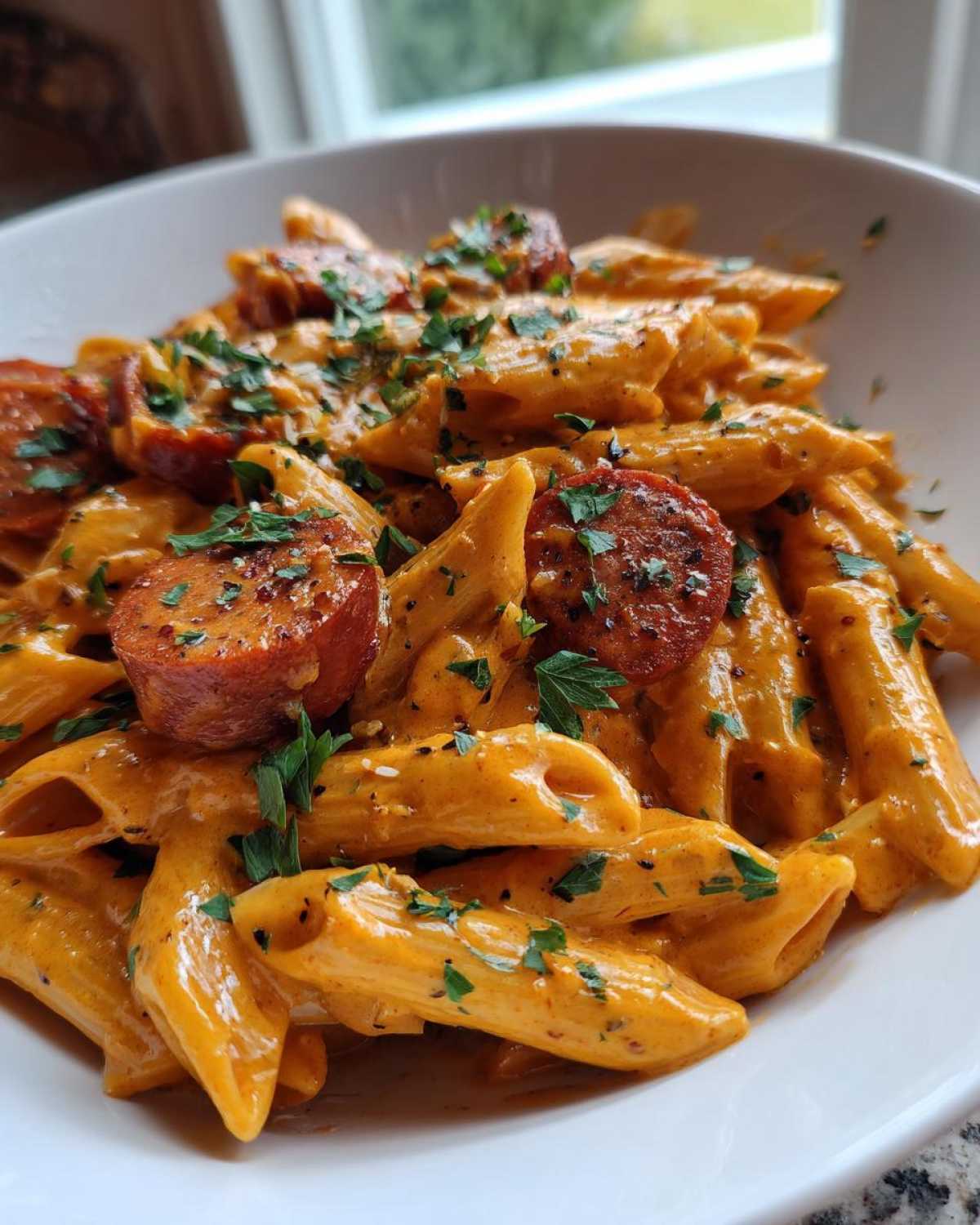 Close-up of creamy Cajun sausage pasta with penne and sliced smoked sausage, garnished with parsley.