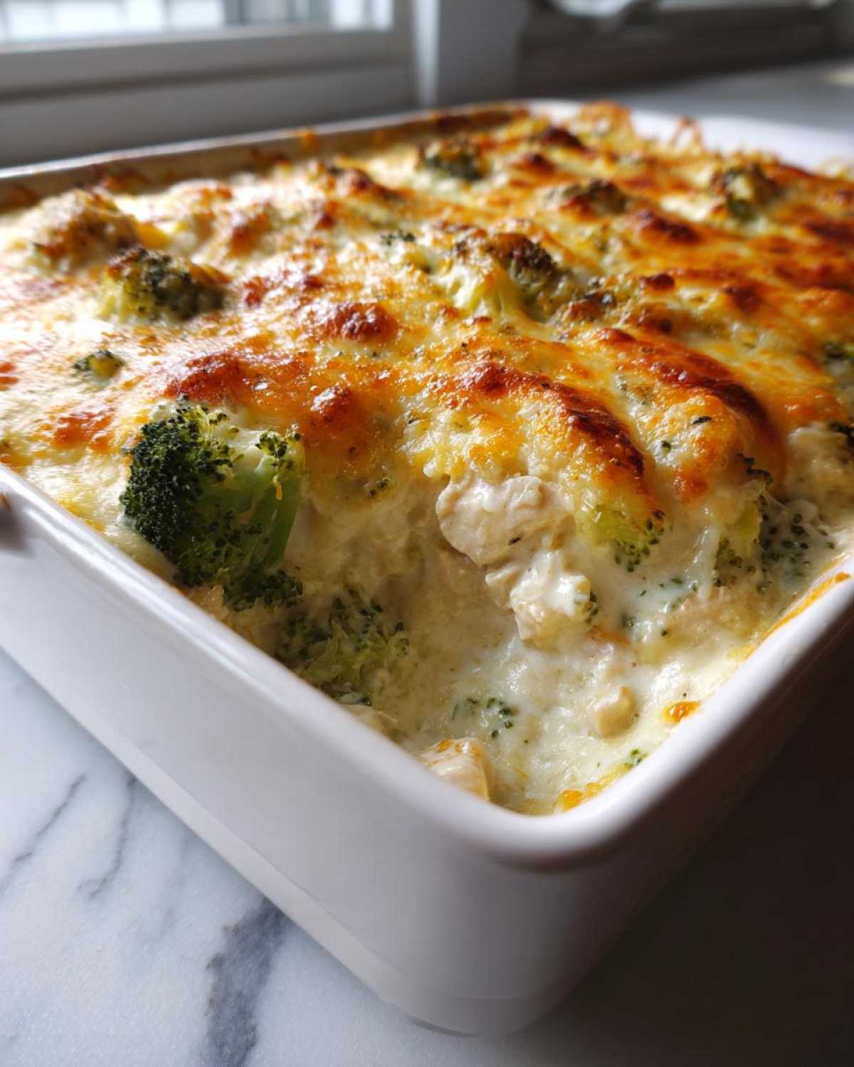 Close-up of a creamy Chicken Divan casserole topped with melted, golden-brown cheese and bright green broccoli florets.