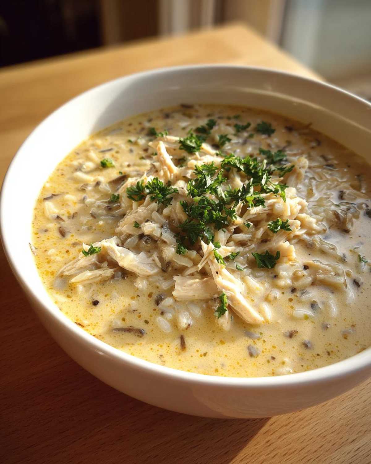 Close-up of a creamy chicken wild rice soup topped with shredded chicken and fresh parsley.