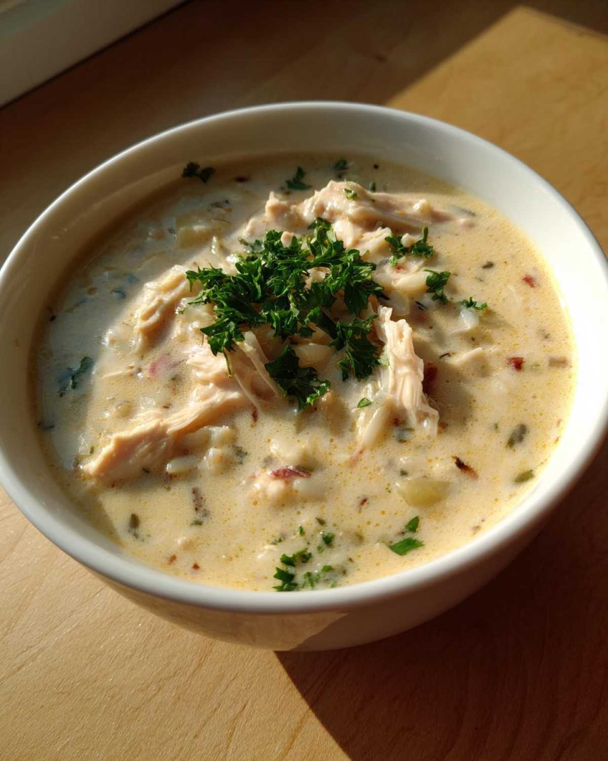 Close-up of a creamy chicken wild rice soup topped with shredded chicken and fresh parsley.