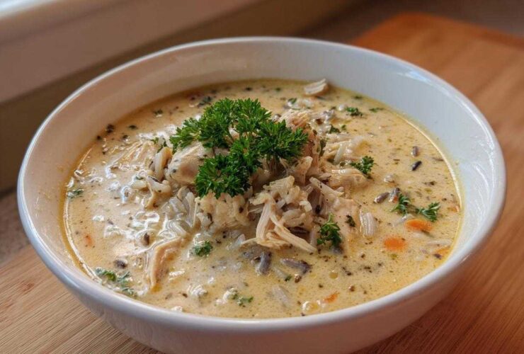 A close-up of a creamy chicken wild rice soup, topped with shredded chicken and fresh parsley.