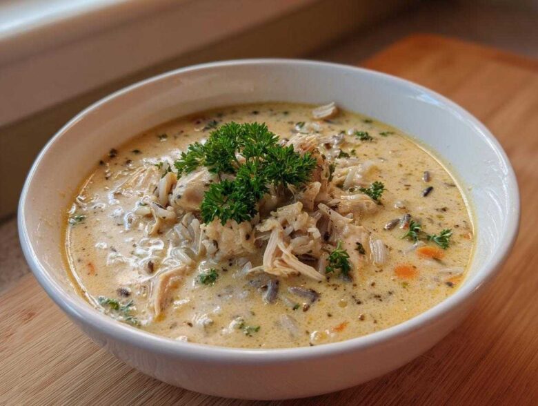 A close-up of a creamy chicken wild rice soup, topped with shredded chicken and fresh parsley.