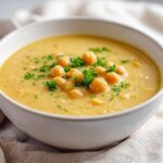 Close-up of a bowl of creamy, yellow chickpea soup topped with whole chickpeas and fresh parsley.