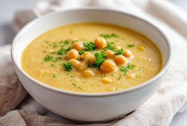 Close-up of a bowl of creamy, yellow chickpea soup topped with whole chickpeas and fresh parsley.