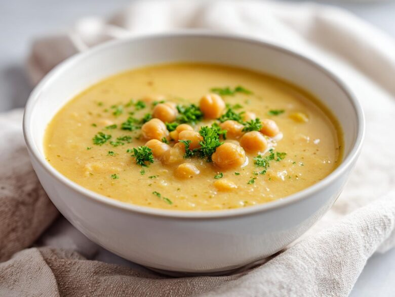 Close-up of a bowl of creamy, yellow chickpea soup topped with whole chickpeas and fresh parsley.