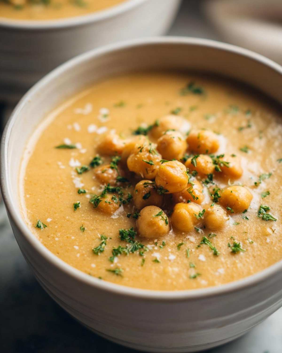 Close-up of creamy, orange-hued chickpea soup garnished with whole chickpeas and fresh parsley.