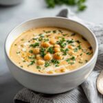 Close-up of a bowl of creamy chickpea soup garnished with whole chickpeas, a swirl of cream, and fresh parsley.