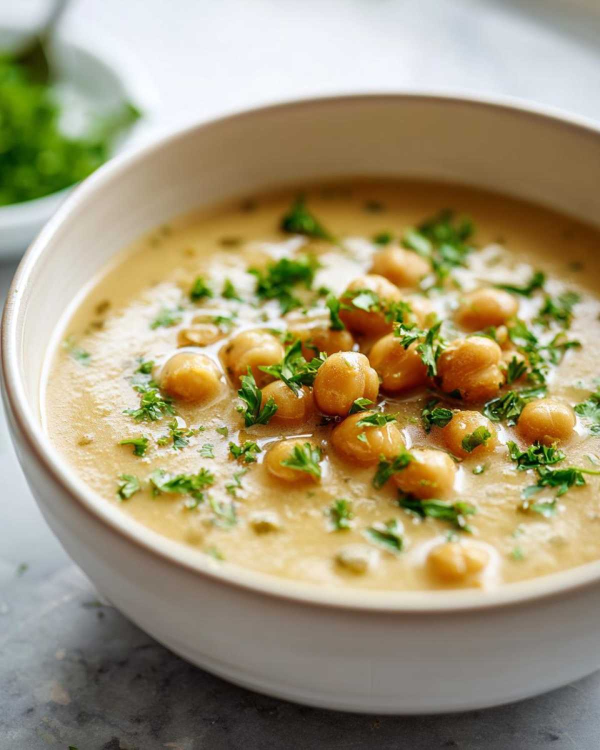 Close-up of a bowl of creamy chickpea soup garnished generously with whole chickpeas and chopped fresh parsley.