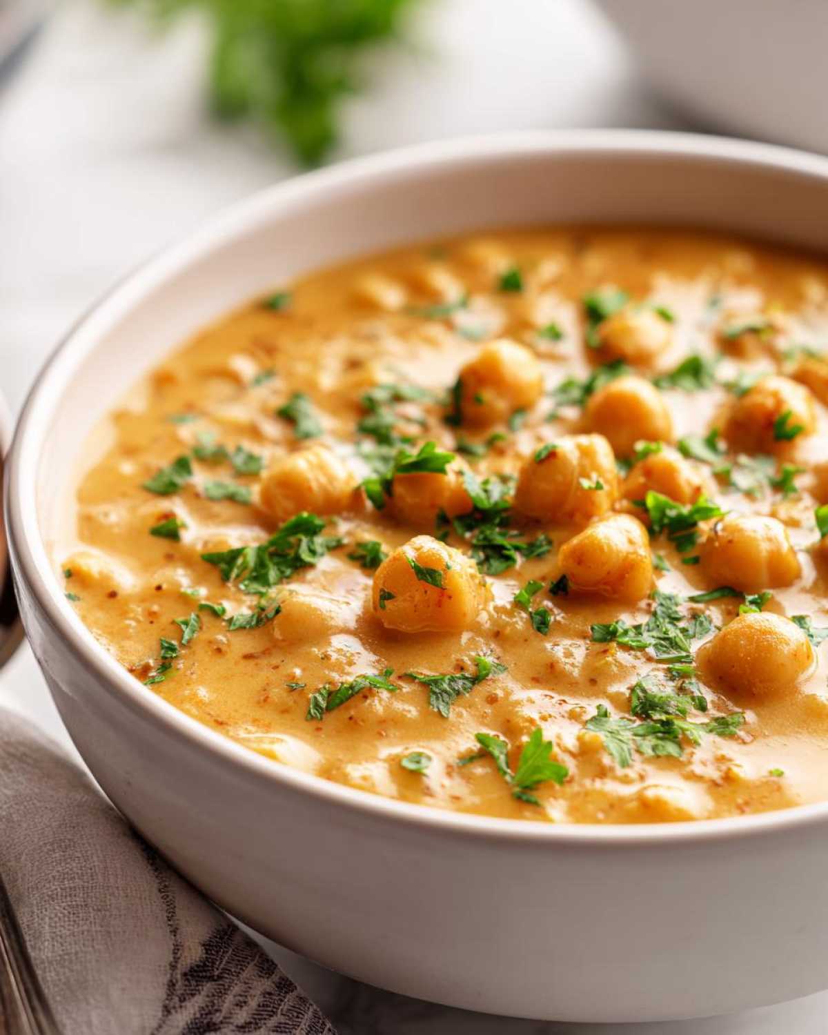 Close-up of a creamy, orange-hued chickpea soup topped with whole chickpeas and fresh chopped parsley.