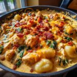 Close-up of creamy crack chicken gnocchi dish topped with melted cheese and bacon crumbles in a black skillet.