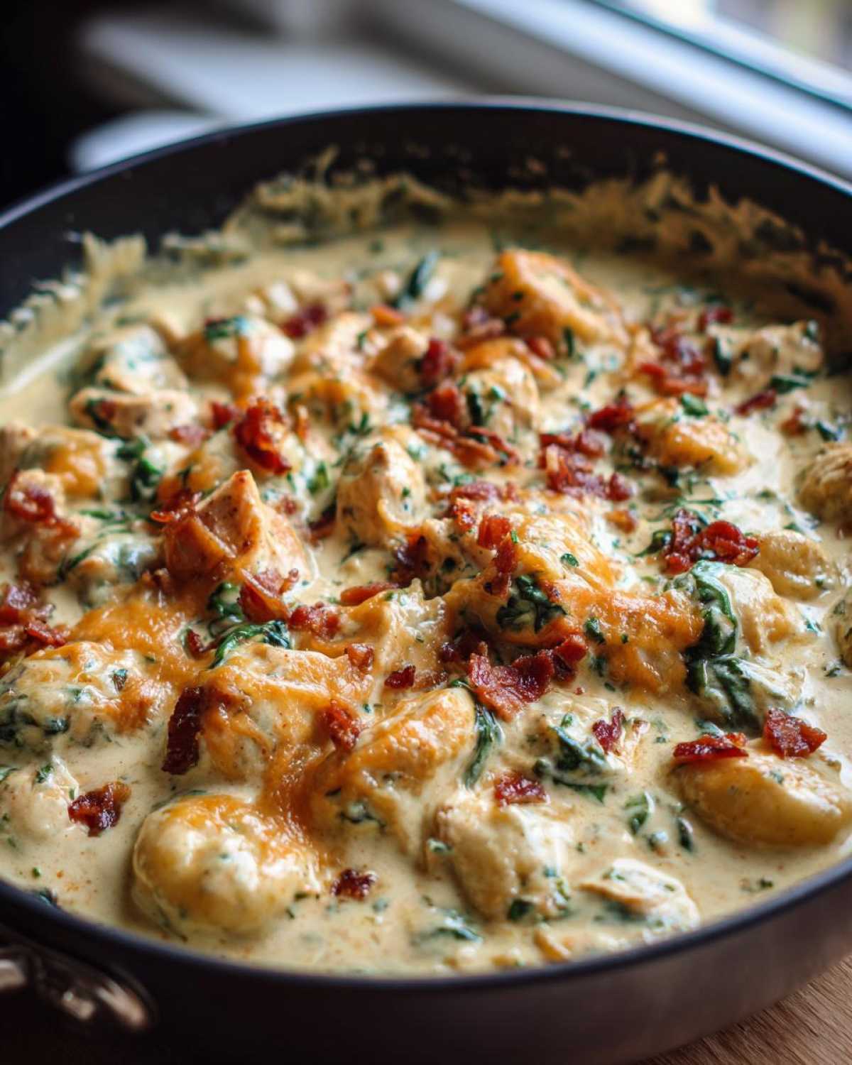 Close-up of creamy crack chicken gnocchi dish topped with melted cheese and bacon bits in a black skillet.