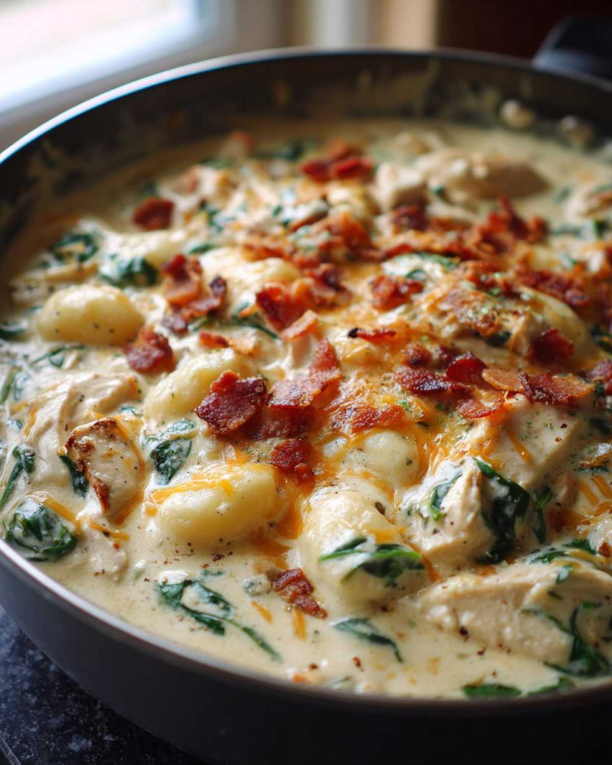 Close-up of creamy crack chicken gnocchi dish topped with bacon bits and melted cheese in a dark skillet.