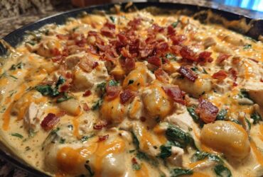 Close-up of creamy crack chicken gnocchi dish loaded with chicken, spinach, and topped with crispy bacon bits.