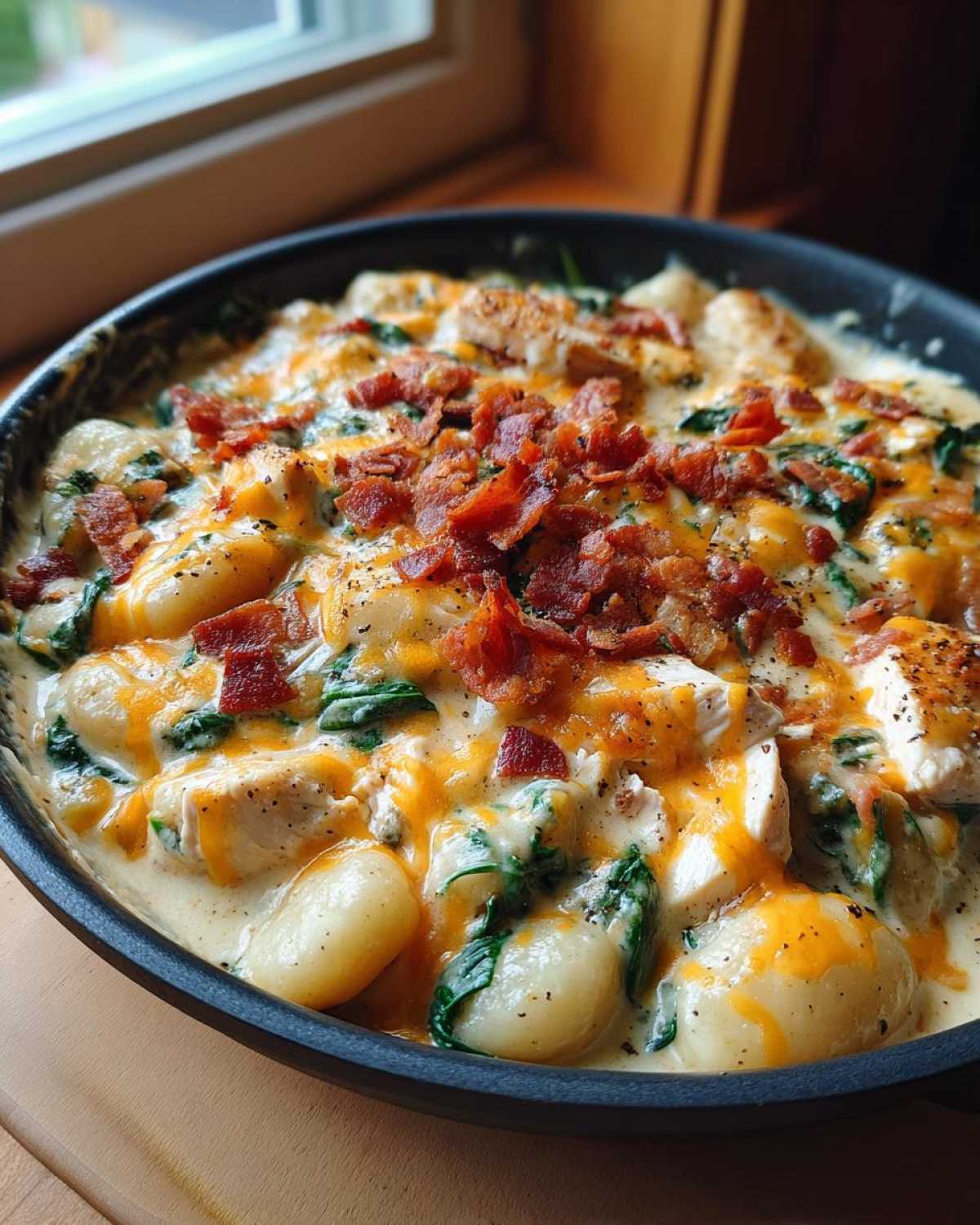 Close-up of creamy crack chicken gnocchi topped with melted cheddar and crispy bacon in a black skillet.