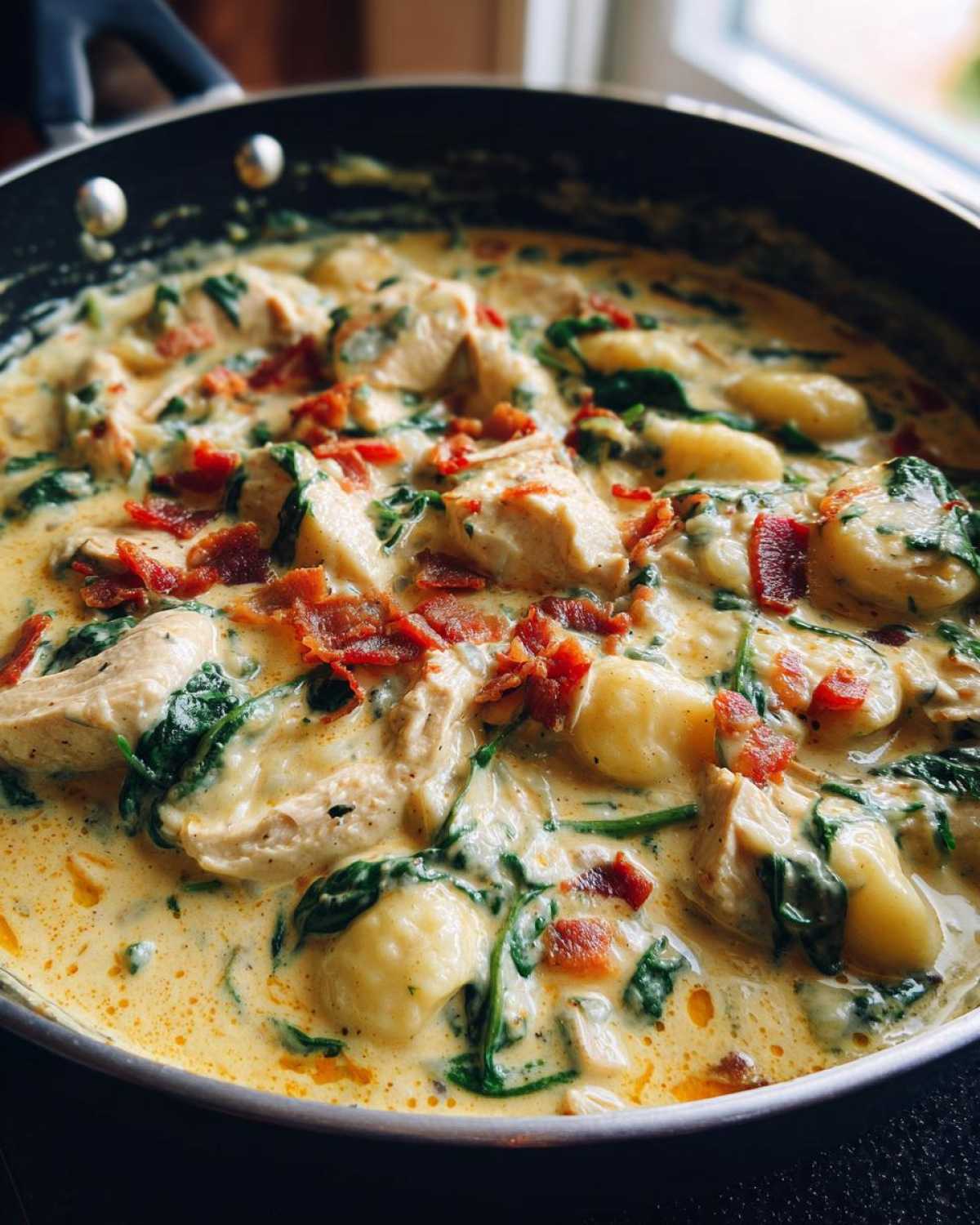 Close-up of creamy crack chicken gnocchi dish cooking in a black skillet with bacon and spinach.