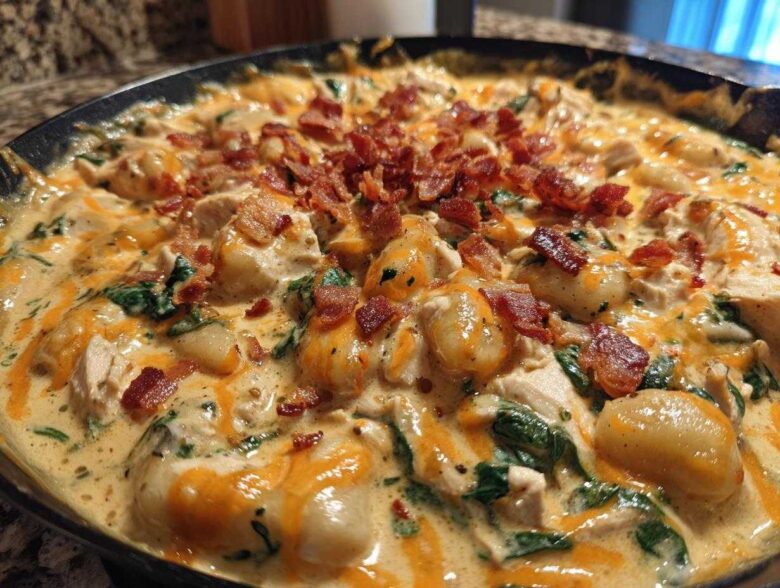 Close-up of creamy crack chicken gnocchi dish loaded with chicken, spinach, and topped with crispy bacon bits.