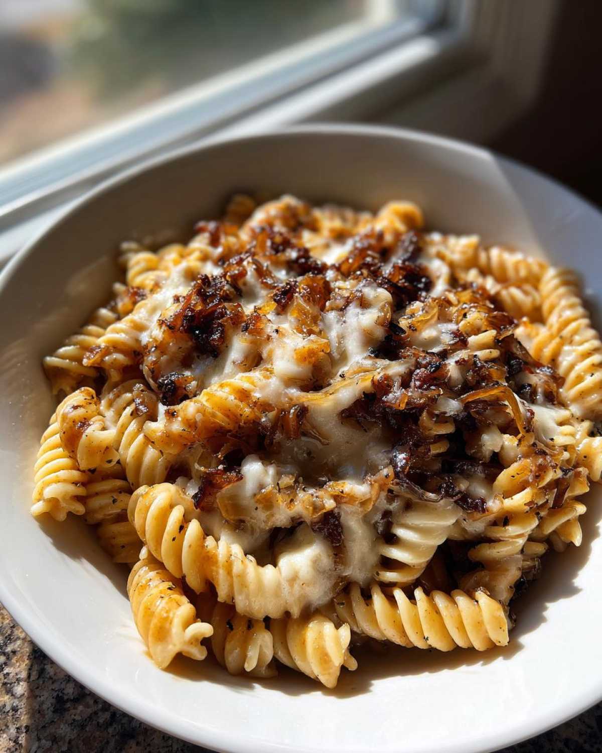 Close-up of a bowl of creamy french onion pasta topped with melted cheese and dark caramelized onions.