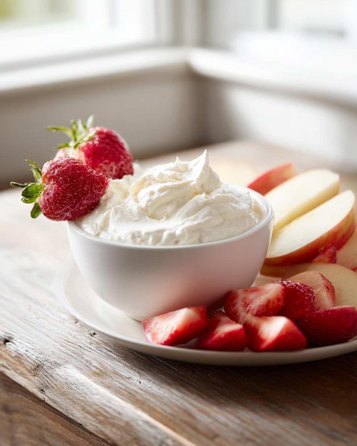 A small white bowl filled with creamy fruit dip, garnished with whole strawberries and surrounded by apple slices.