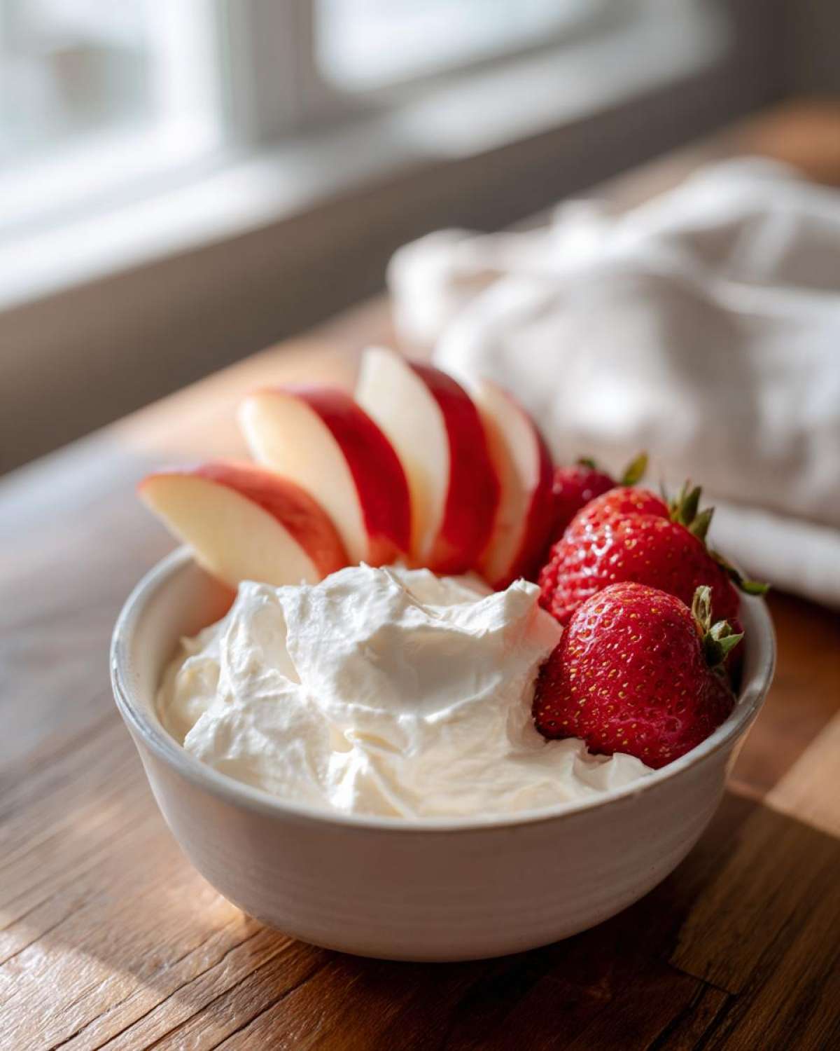A bowl of creamy fruit dip served with fresh strawberries and sliced red apples, perfect for dipping.