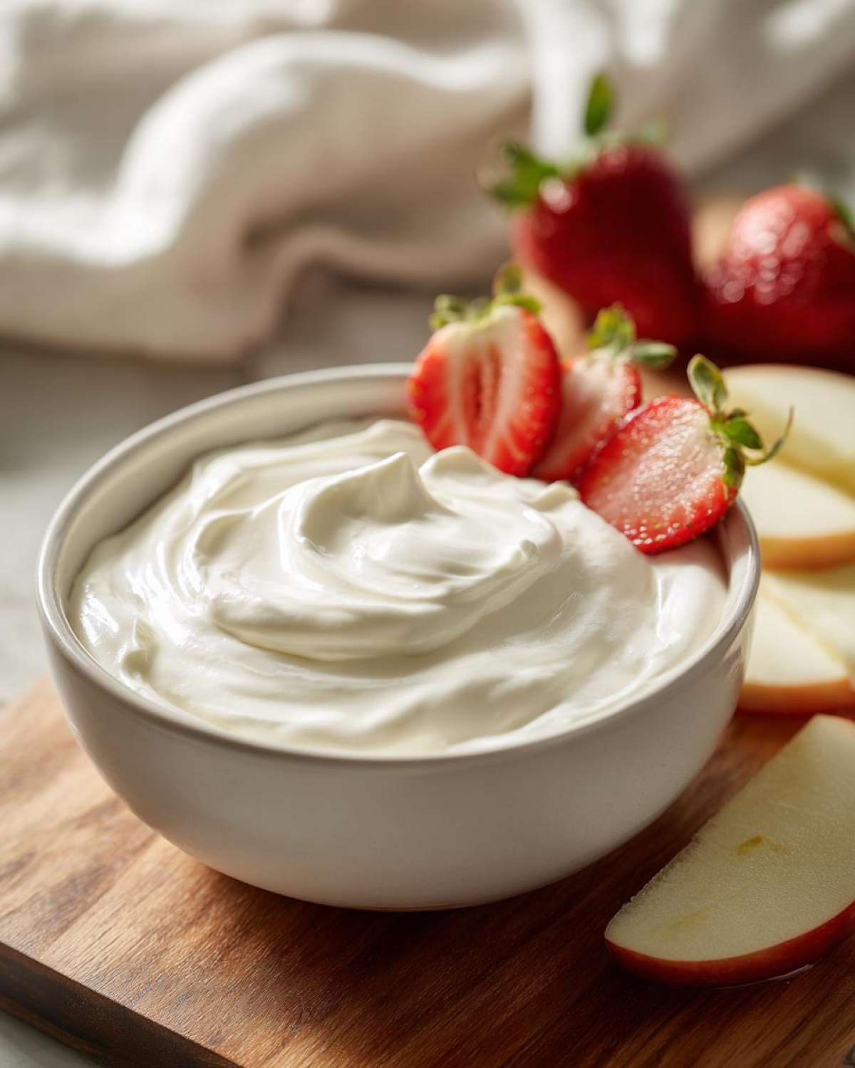 A close-up of a bowl filled with creamy white fruit dip, garnished with fresh sliced strawberries.