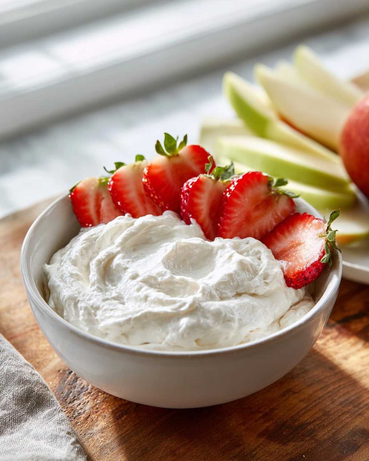 Close-up of a white bowl filled with creamy fruit dip, topped with sliced fresh strawberries.