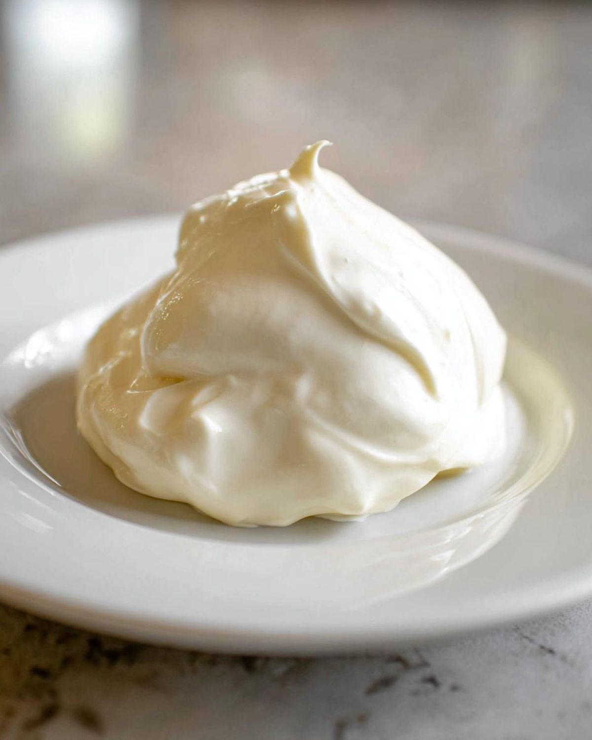 A dollop of thick, white, creamy horseradish sauce swirled neatly on a small white plate.