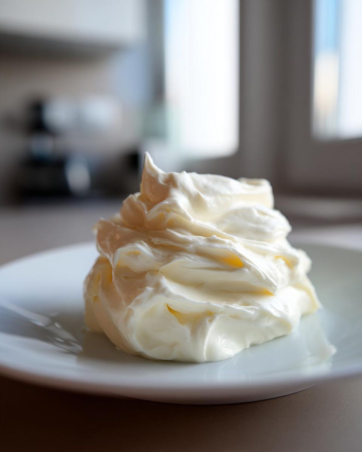A dollop of thick, white, creamy horseradish sauce swirled high on a small white plate.