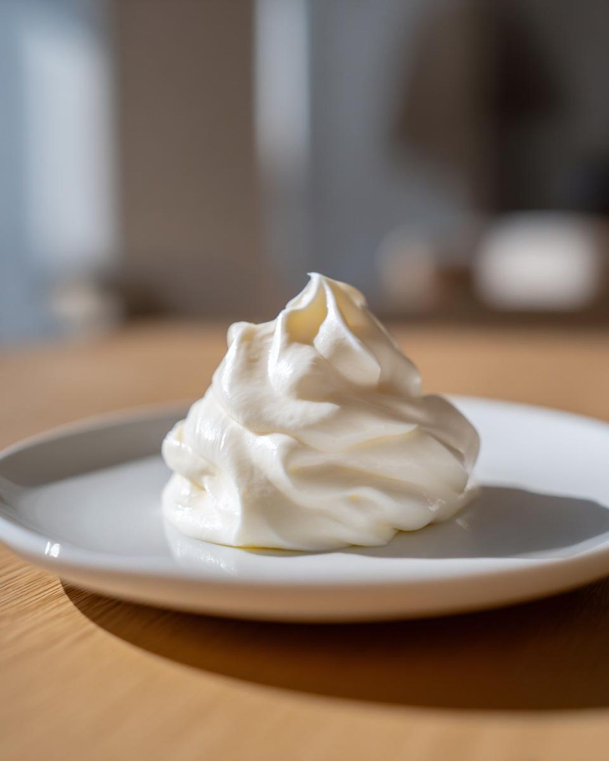 A dollop of thick, white, creamy horseradish sauce piped into a swirl on a small white plate.