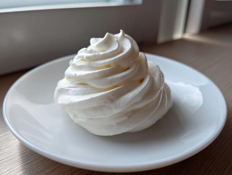 A perfectly piped swirl of white, creamy horseradish sauce served on a small white dish.