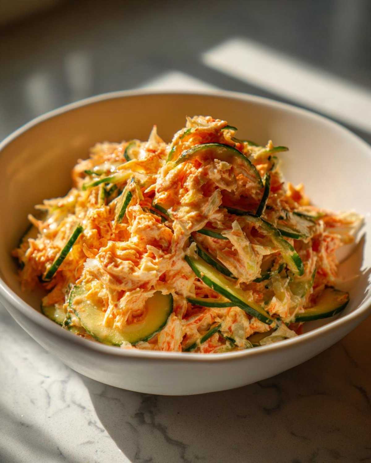 A close-up of creamy, orange-tinted kani salad mixed with thin slices of cucumber, served in a white bowl.