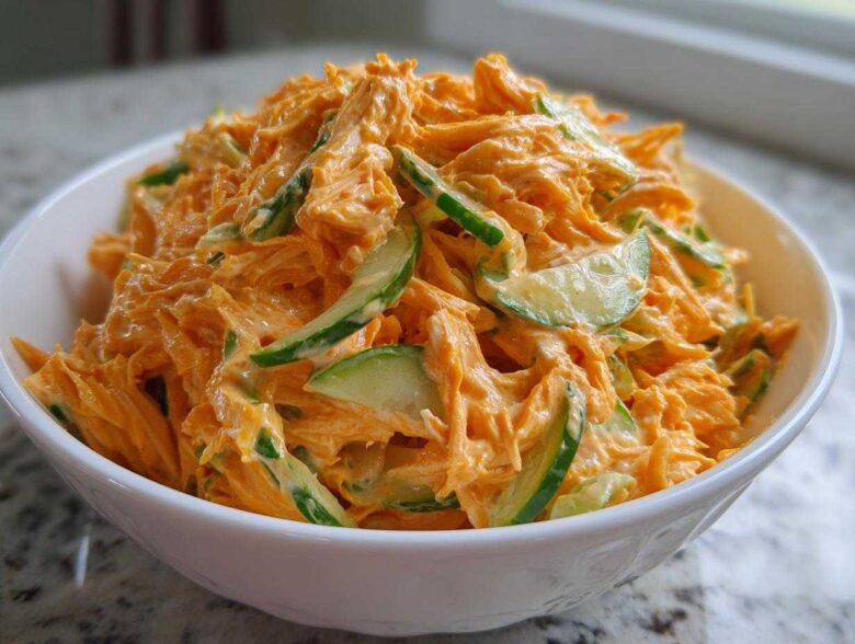 A close-up view of a white bowl filled with vibrant orange kani salad mixed with creamy dressing and slices of green cucumber.