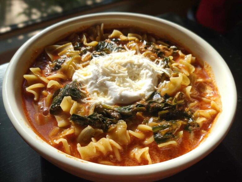 A close-up of a bowl of creamy lasagna soup featuring pasta, spinach, and topped with a dollop of ricotta and shredded Parmesan cheese.