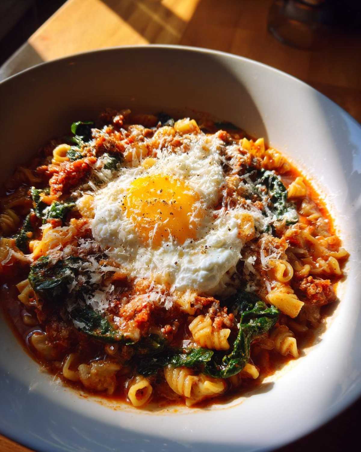 A bowl of rich creamy lasagna soup featuring pasta, meat sauce, spinach, and topped with a sunny-side-up egg and Parmesan cheese.